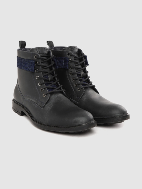 

Roadster Men Navy Blue Solid Leather Mid-Top Flat Boots