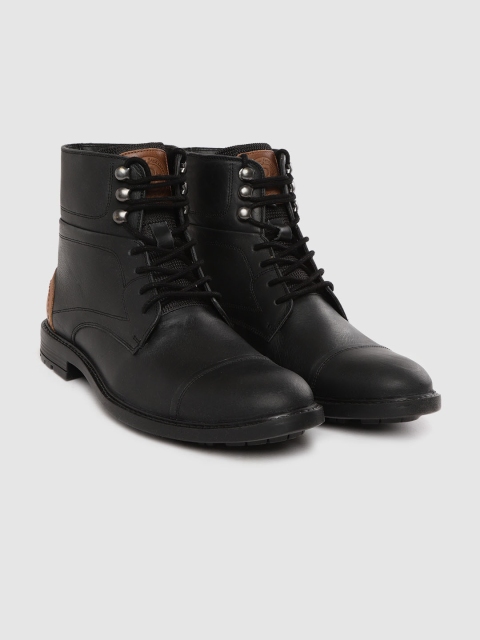 

Roadster Men Black Solid Leather Mid-Top Flat Boots