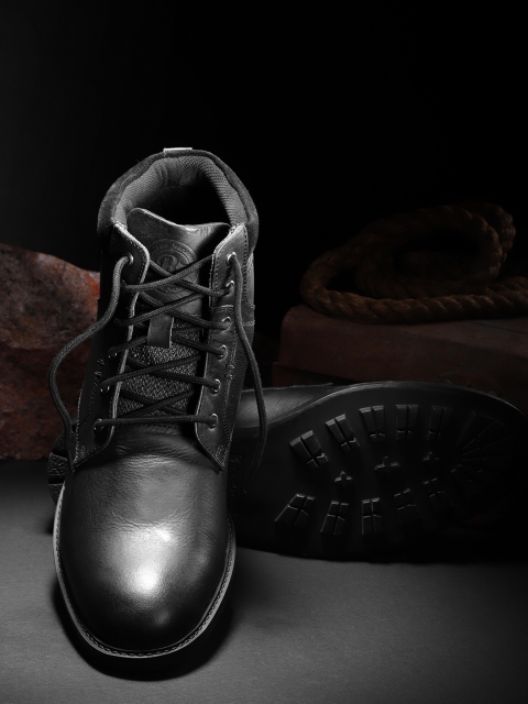 

Roadster Men Black Solid Leather Mid-Top Flat Boots