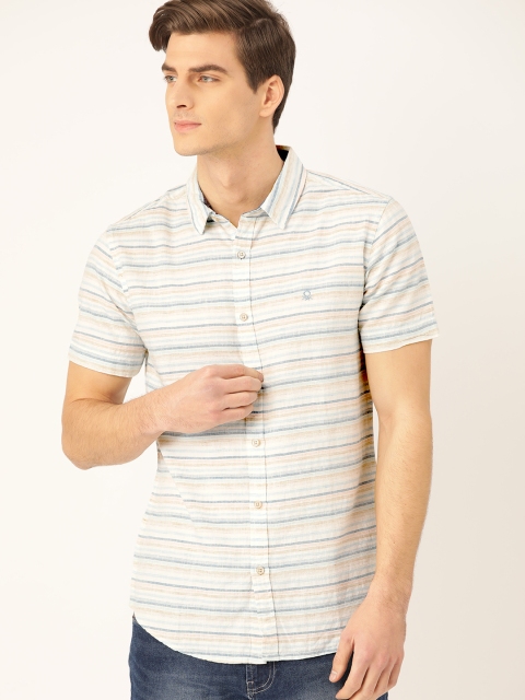 

United Colors of Benetton Men Off-White & Blue Slim Fit Striped Casual Shirt