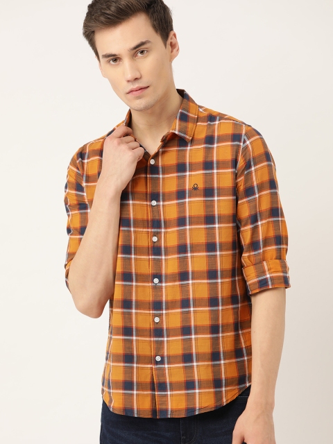 

United Colors of Benetton Men Mustard Yellow & Navy Blue Slim Fit Checked Casual Shirt