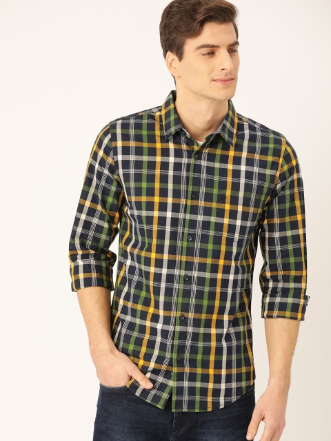 

United Colors of Benetton Men Navy Blue & Yellow Slim Fit Checked Casual Shirt