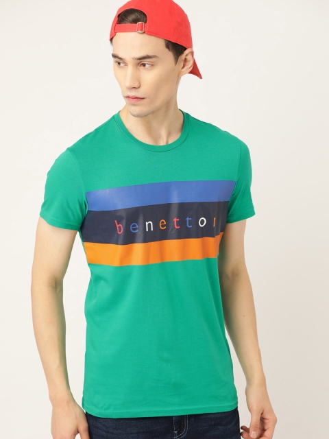 

United Colors of Benetton Men Green Blue Striped Round Neck Pure Cotton T-shirt