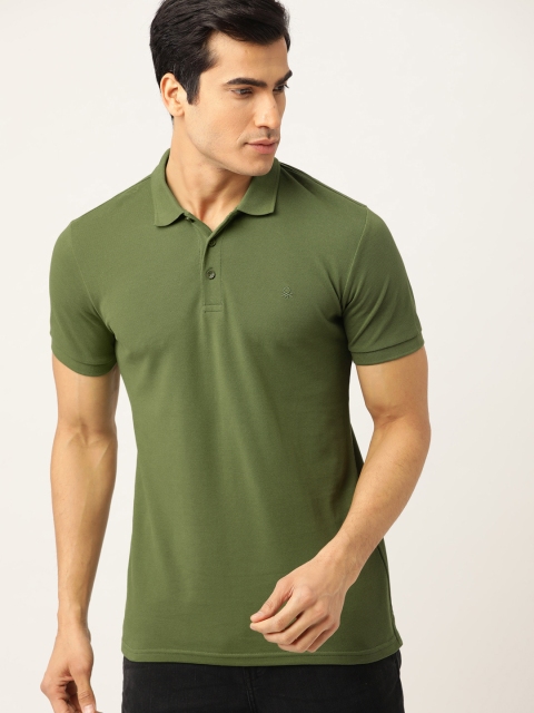 

United Colors of Benetton Men Olive Green Solid Polo Collar Pure Cotton T-shirt