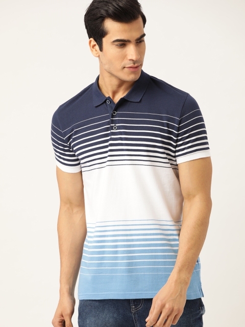 

United Colors of Benetton Men Blue & White Striped Polo Collar T-shirt