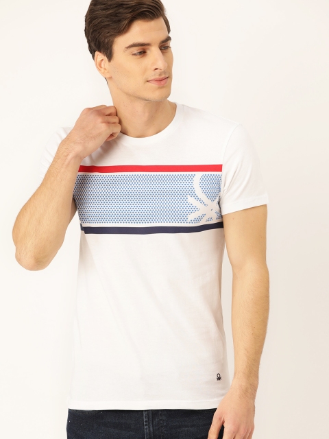 

United Colors of Benetton Men White & Blue Embossed Print Round Neck T-shirt