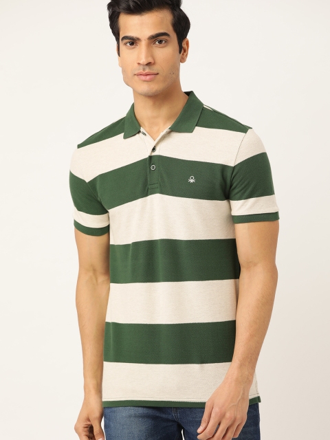 

United Colors of Benetton Men Green & Off-White Striped Polo Collar T-shirt