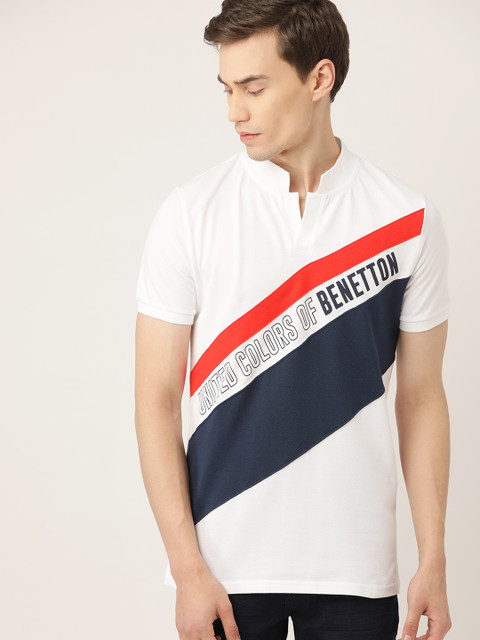 

United Colors of Benetton Men White & Navy Blue Colourblocked Mandarin Collar T-shirt