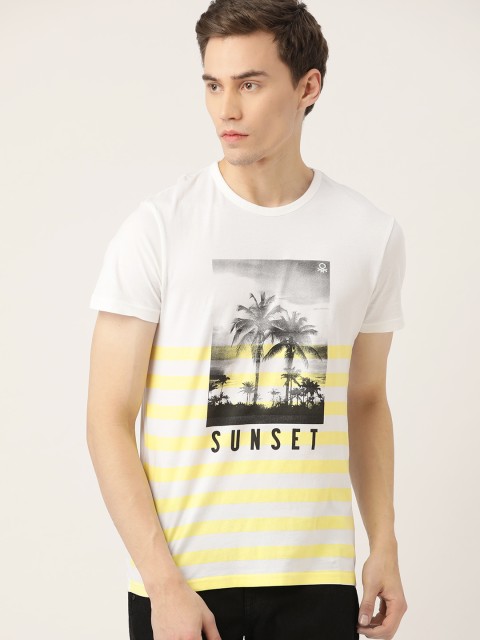

United Colors of Benetton Men White & Yellow Striped Round Neck T-shirt