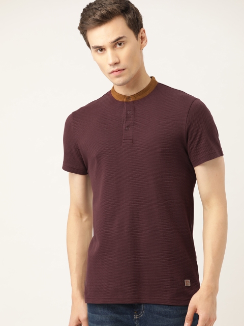 

United Colors of Benetton Men Burgundy Self Design Mandarin Collar T-shirt