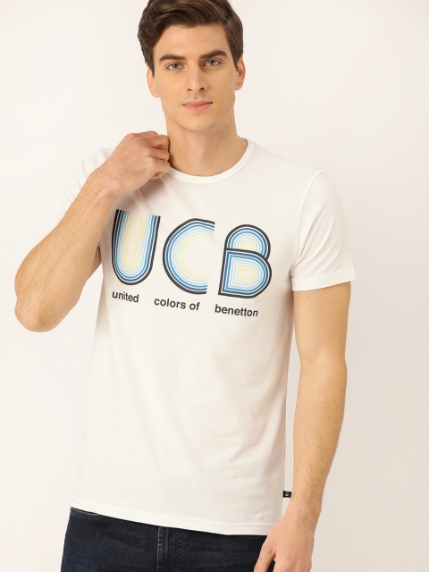 

United Colors of Benetton Men Off-White & Blue Printed Round Neck T-shirt