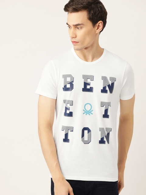 

United Colors of Benetton Men White & Navy Blue Printed Round Neck T-shirt