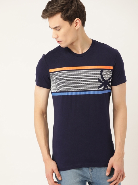 

United Colors of Benetton Men Navy Blue & White Embossed Print Round Neck T-shirt