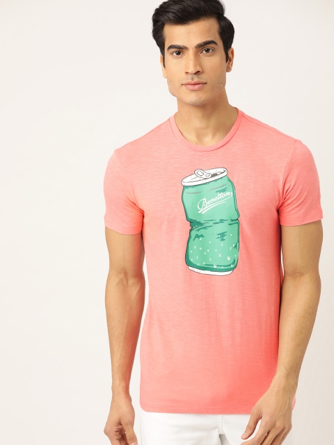 

United Colors of Benetton Men Peach-Coloured & Sea Green Printed Round Neck T-shirt