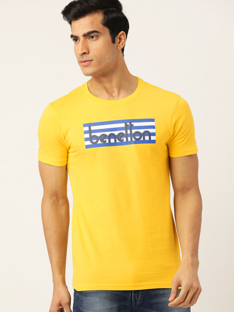 

United Colors of Benetton Men Yellow & Blue Printed Round Neck T-shirt