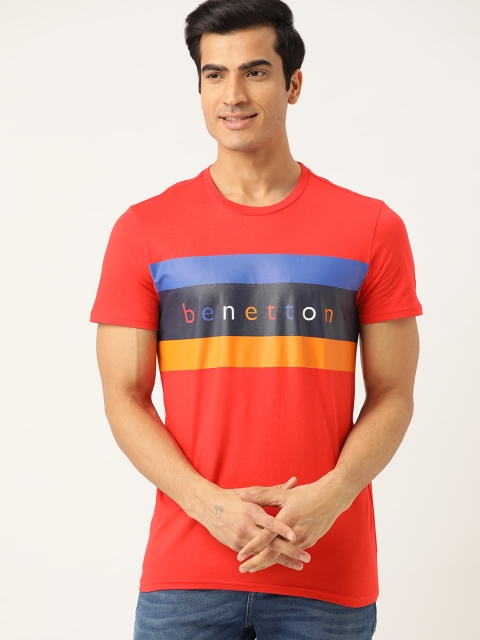 

United Colors of Benetton Men Coral Red & Blue Striped Round Neck T-shirt