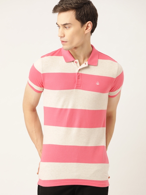 

United Colors of Benetton Men Pink & Off-White Striped Polo Collar T-shirt