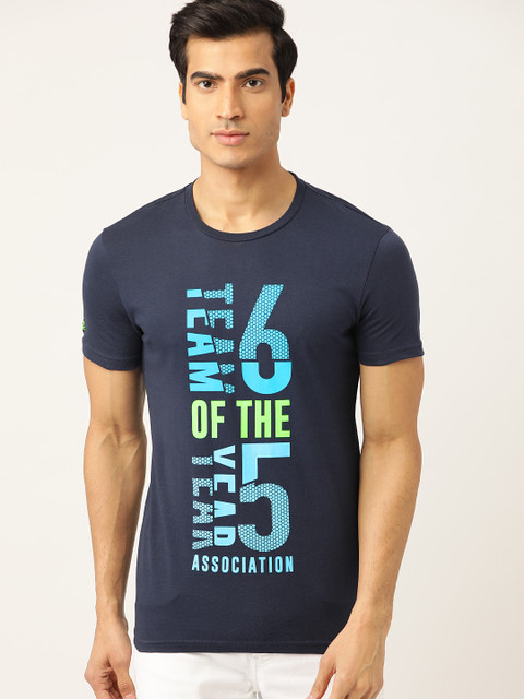 

United Colors of Benetton Men Blue Green Printed Round Neck Pure Cotton T-shirt, Navy blue
