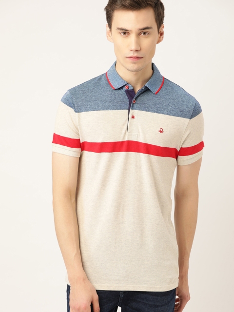 

United Colors of Benetton Men Off-White & Blue Colourblocked Polo Collar T-shirt
