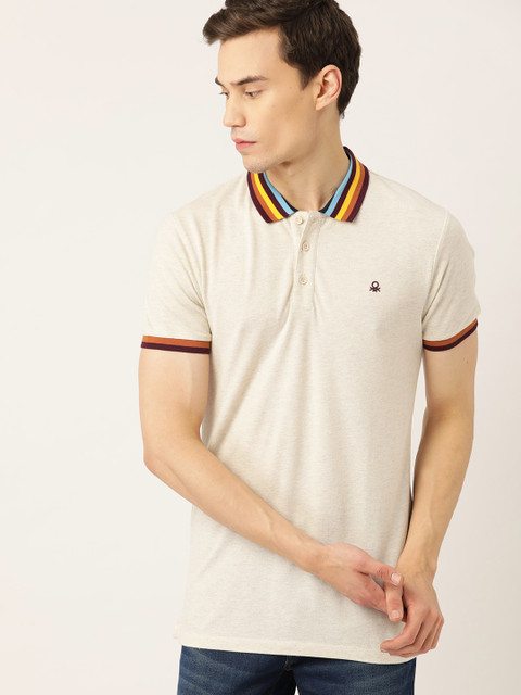 

United Colors of Benetton Men Off-White Self Design Polo Collar T-shirt