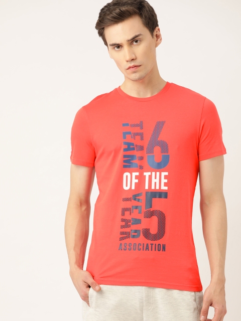

United Colors of Benetton Men Coral Orange Printed Round Neck T-shirt
