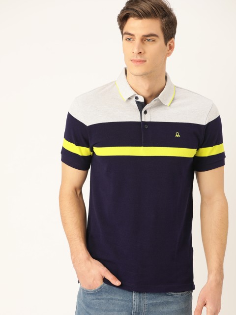 

United Colors of Benetton Men Navy Blue & Grey Colourblocked Polo Collar T-shirt