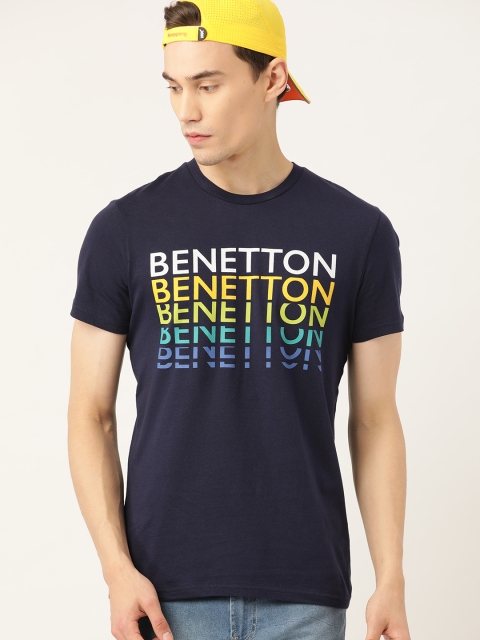 

United Colors of Benetton Men Navy Blue & Yellow Printed Round Neck T-shirt