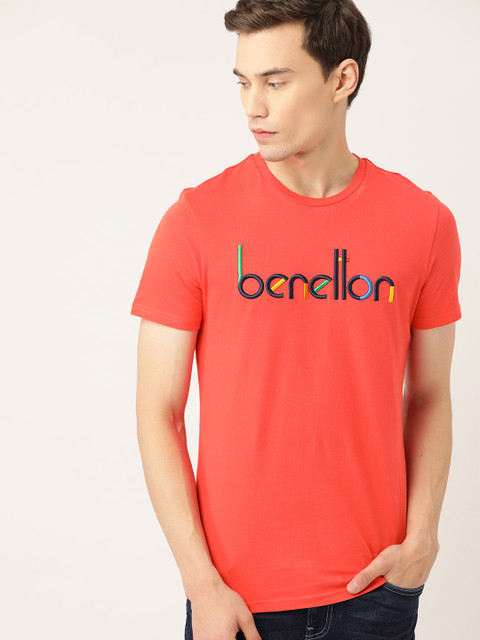 

United Colors of Benetton Men Coral Red & Navy Blue Embroidered Round Neck T-shirt