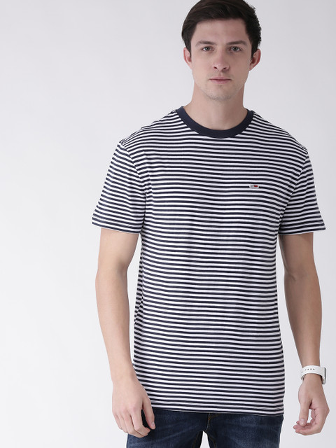 

Tommy Hilfiger Men Navy Blue & White Striped Round Neck T-shirt