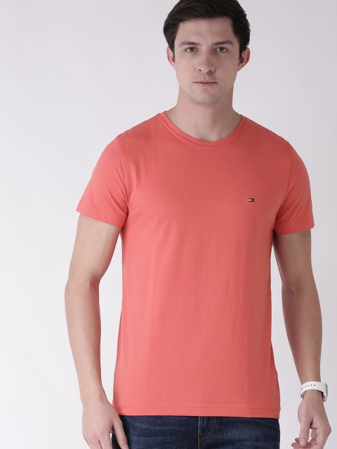 

Tommy Hilfiger Men Coral Red Solid Round Neck Pure Cotton T-shirt