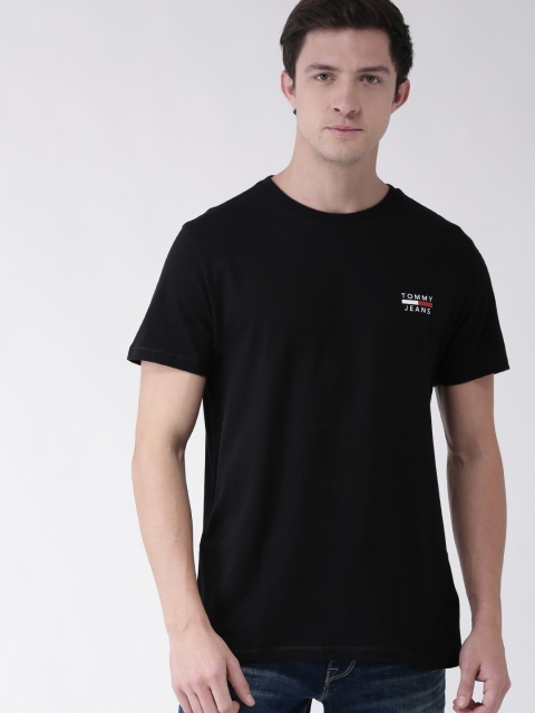 

Tommy Hilfiger Men Black Slim Fit Solid Round Neck T-shirt with Printed Detailing