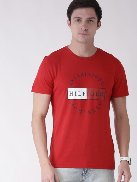 

Tommy Hilfiger Men Red White Printed Round Neck Pure Cotton T-shirt