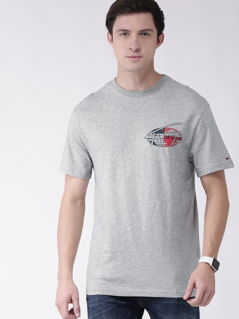 

Tommy Hilfiger Men Grey Melange Printed Round Neck Pure Cotton T-shirt
