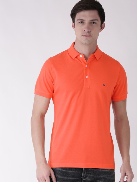 

Tommy Hilfiger Men Coral Orange Solid Polo Collar Slim Fit T-shirt