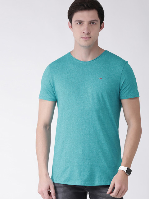 

Tommy Hilfiger Men Turquoise Blue Slim Fit Solid Round Neck T-shirt