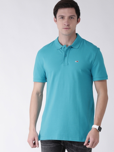 

Tommy Hilfiger Men Turquoise Blue Regular Fit Solid Polo Collar T-shirt