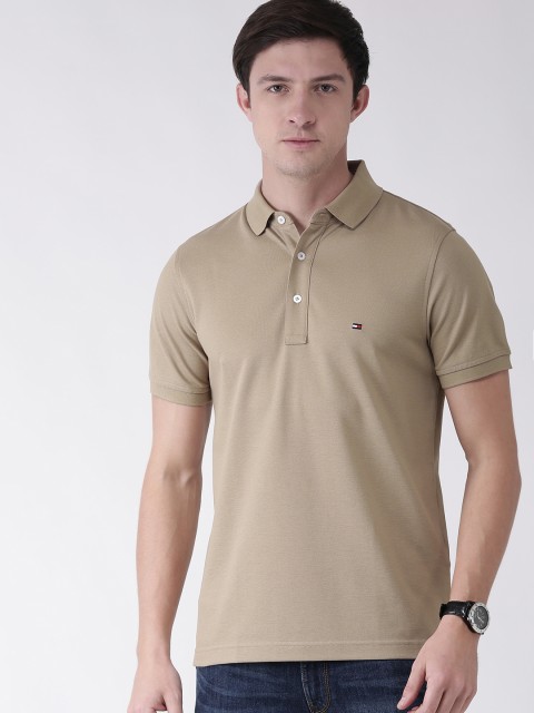 

Tommy Hilfiger Men Beige Slim Fit Solid Polo Collar T-shirt