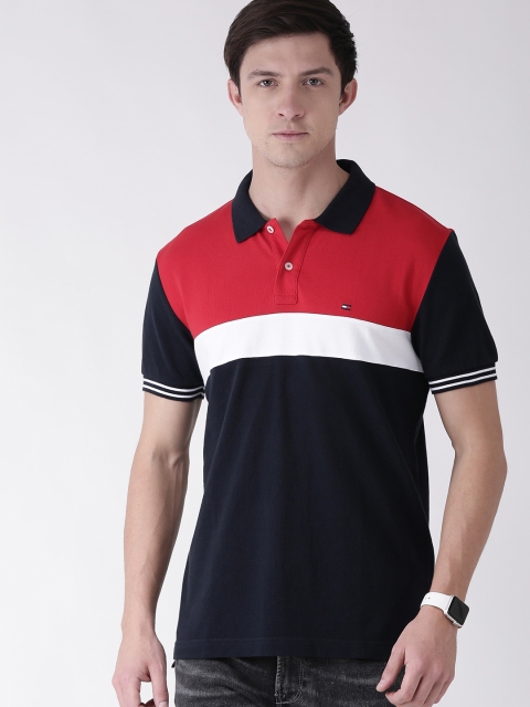 

Tommy Hilfiger Men Navy Blue & Red Regular Fit Colourblocked Polo Collar T-shirt