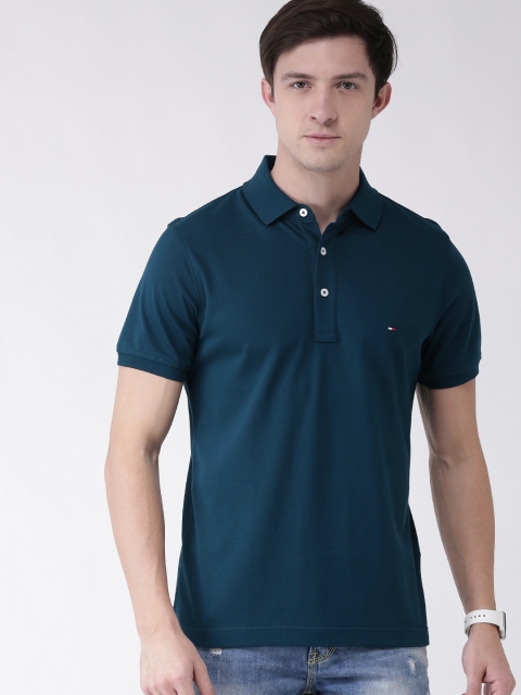 

Tommy Hilfiger Men Teal Blue Slim Fit Solid Polo Collar T-shirt