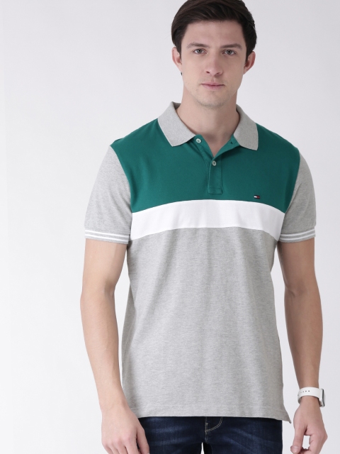 

Tommy Hilfiger Men Grey & Green Regular Fit Colourblocked Polo Collar T-shirt