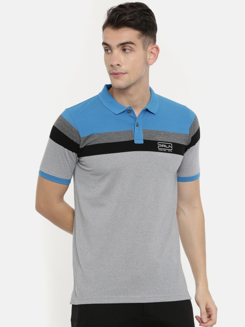 

Proline Active Men Grey Melange Blue Colourblocked Polo Collar Pure Cotton T-shirt