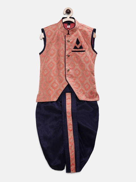 

Ridokidz Boys Peach-Coloured & Navy Blue Woven Design Kurta with Dhoti Pants