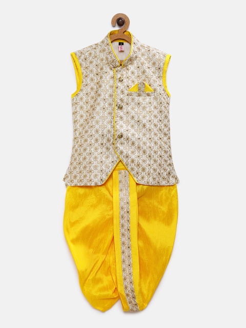 

Ridokidz Boys Cream-Coloured & Yellow Embroidered Coat with Dhoti Pants