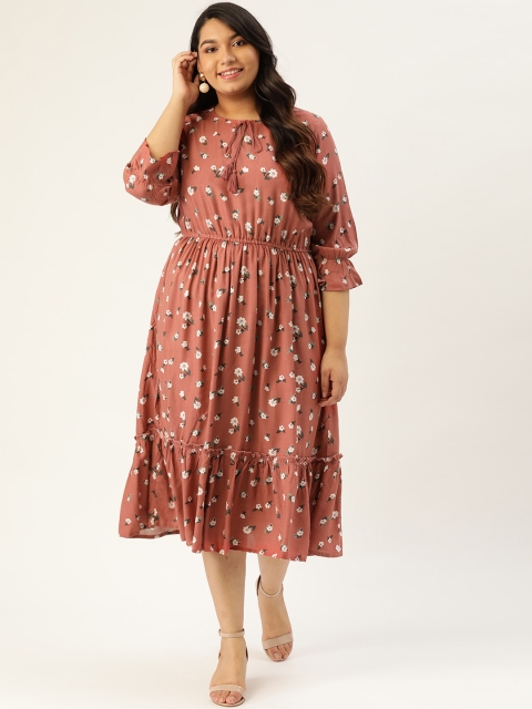 

Sztori Plus Size Women Dusty Pink White Floral Printed Tiered A-Line Dress