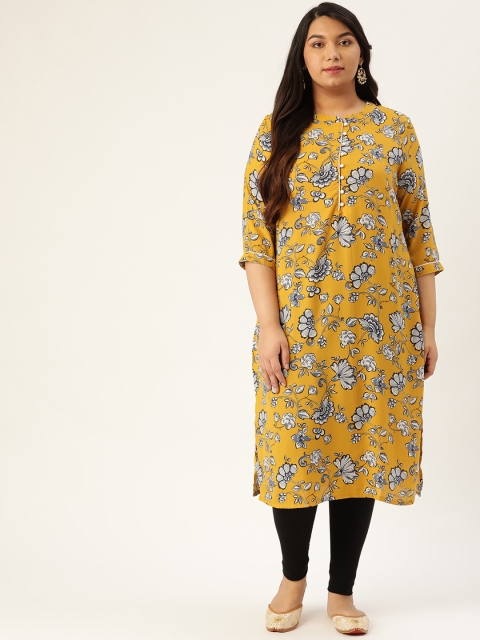 

Sztori Plus Size Women Mustard Yellow Blue Ethnic Print Straight Kurta