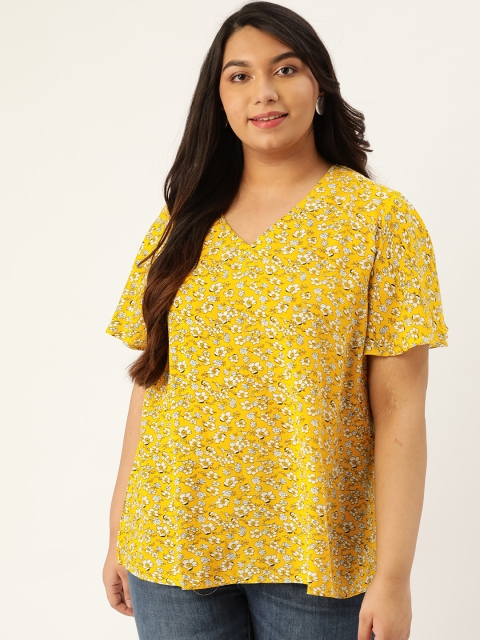 

Sztori Plus Size Women Yellow White Floral Printed Top
