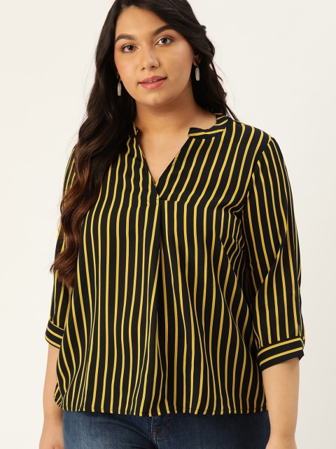 

Sztori Plus Size Women Navy Blue Yellow Striped Pleated Top
