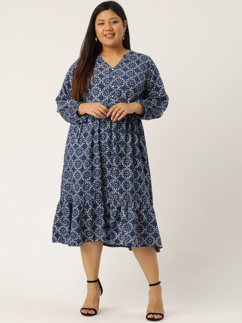 

Sztori Plus Size Women Navy Blue Off-White Printed A-Line Dress
