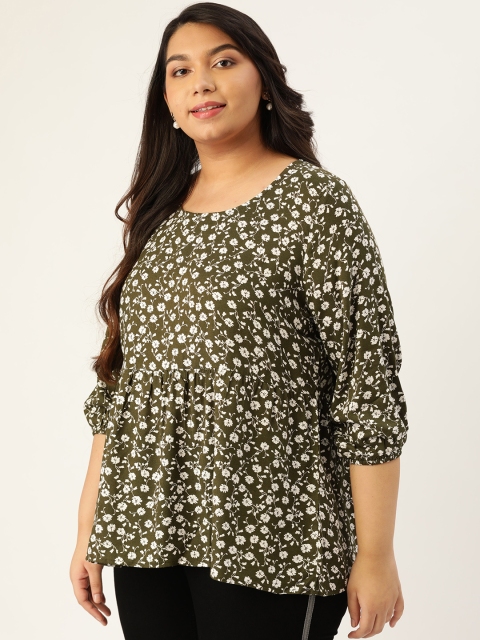 

Sztori Plus Size Women Olive Green White Floral Printed A-Line Top