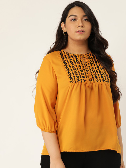 

Sztori Women Mustard Yellow & Black Embroidered Plus Size A-Line Top